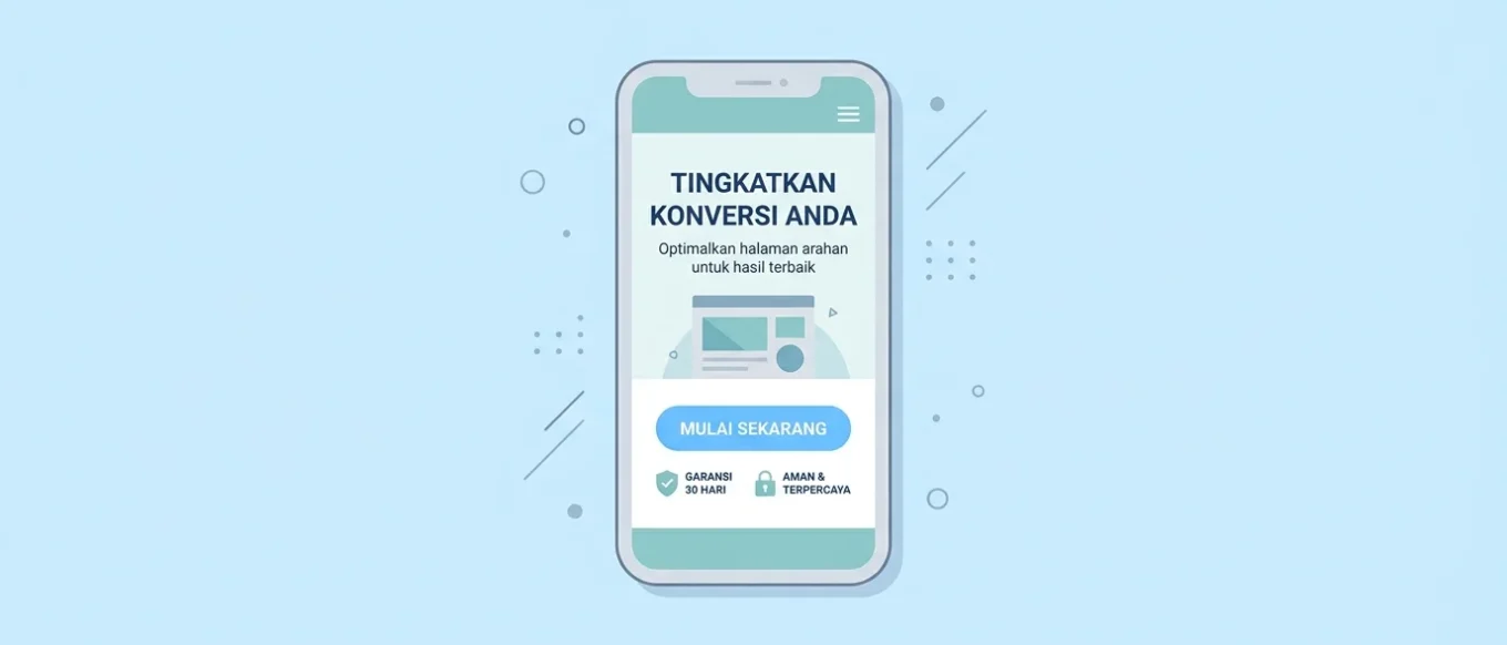 Ilustrasi landing page mobile rapi dengan CTA dan whitespace lega