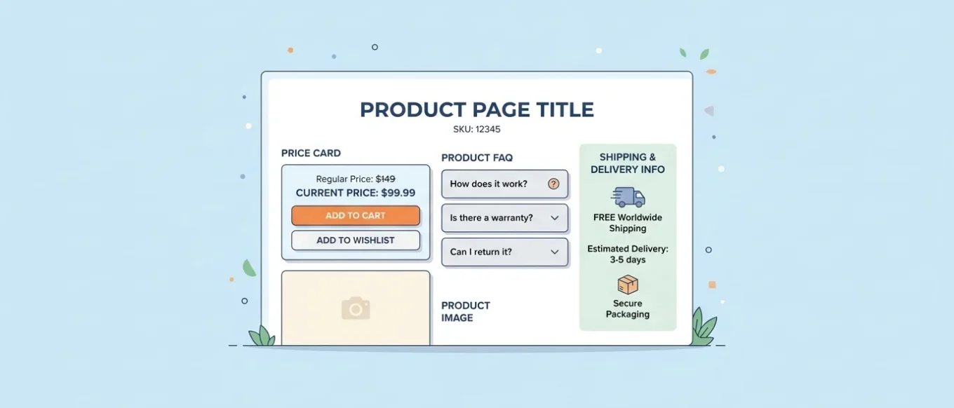 Ilustrasi product page dengan detail harga, FAQ, dan pengiriman untuk AI search