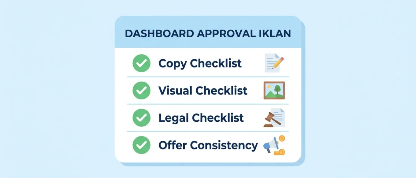Ilustrasi workflow approval iklan Google Ads dengan checklist copy, visual, legal, dan offer